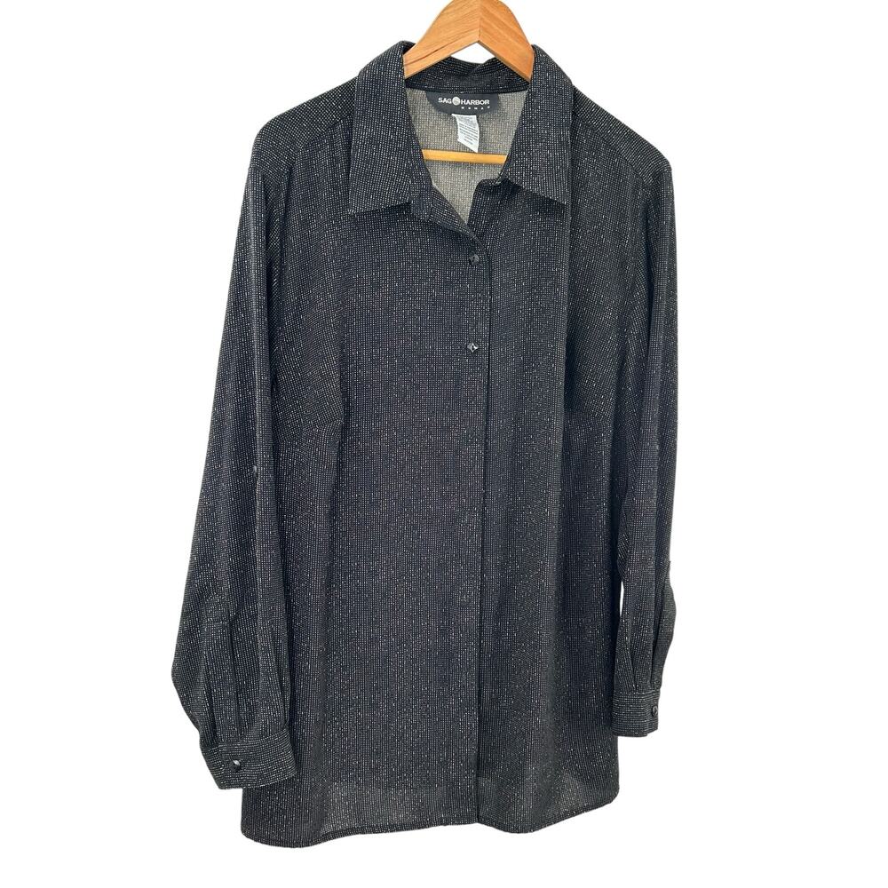 SAG HARBOR WOMAN Size 20W Long Sleeve Button Down‎ Blouse Top Black White